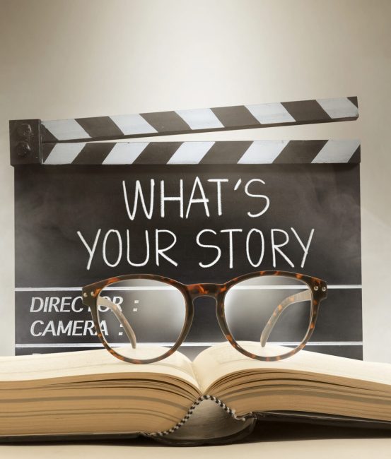 Handwriting on movie clapperboard ;storytelling for film, cinema and video photography concept